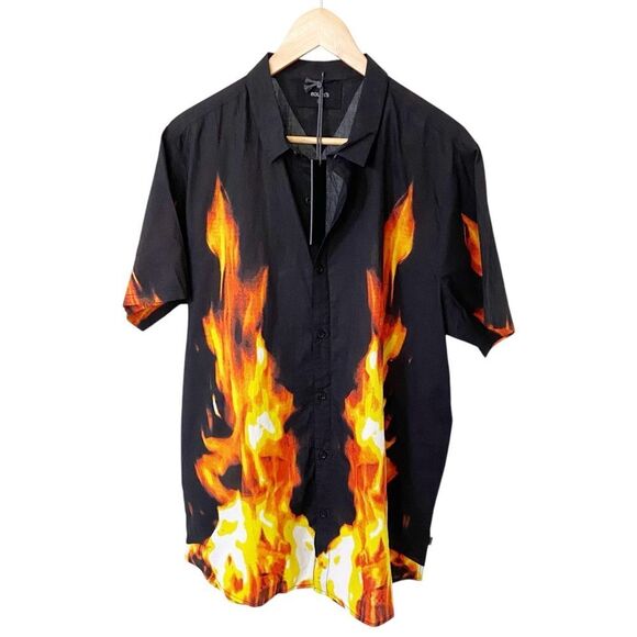 NWT Rollas Flames Fire Print Cotton Bon Shirt size Large - Picture 1 of 8